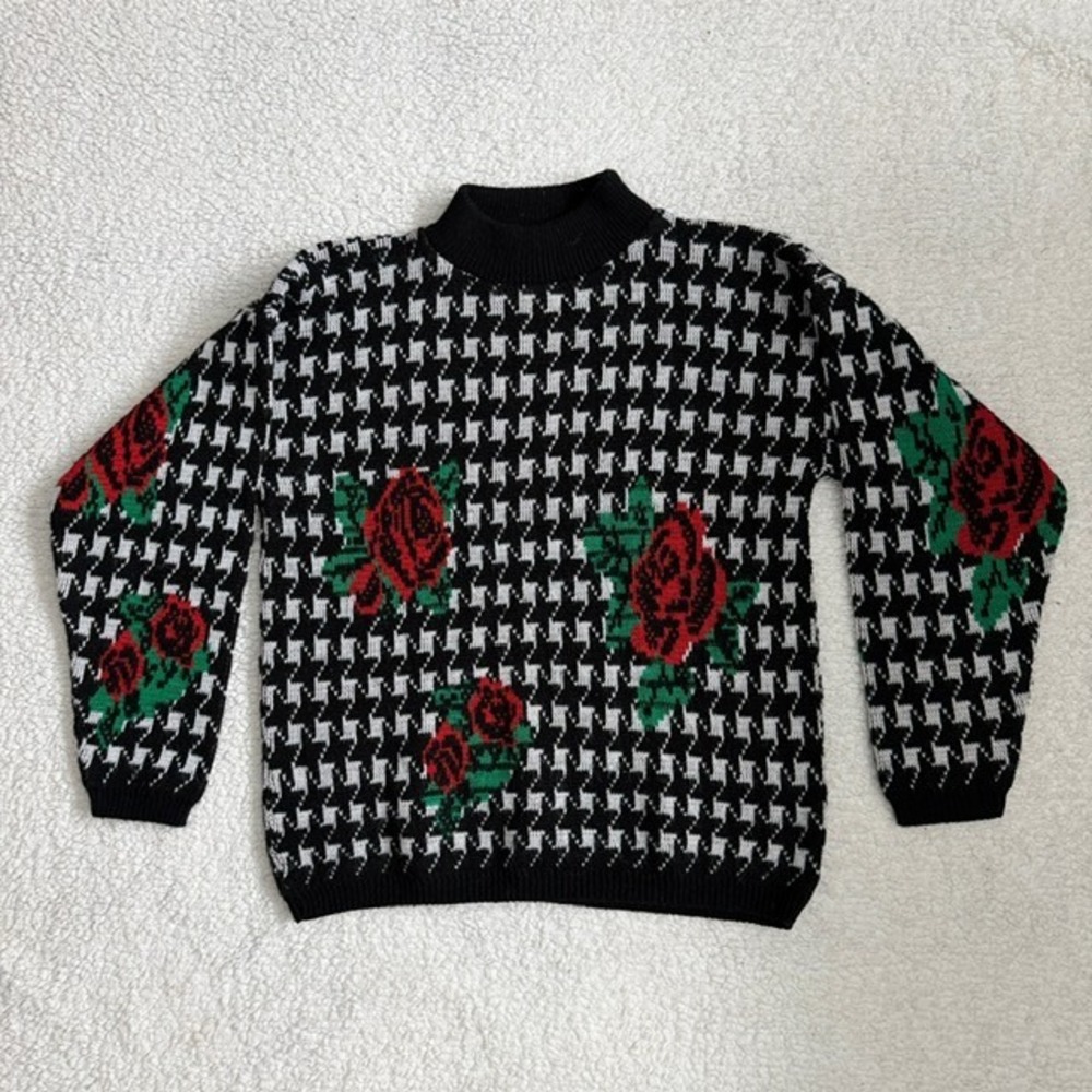 Kate‎ Collins Vintage Houndstooth Rose Floral Mock Neck Knit Sweater USA Made